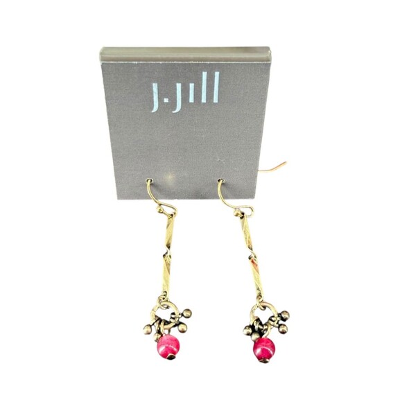 J. Jill Hook Earrings Twisted Gold Tone Red Beaded Cluster Drop Dangle Bohemian - Picture 4 of 9